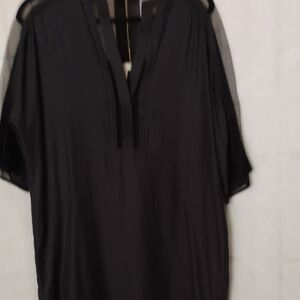 BCBG Runway - Elegant Black long top with Sheer/net shoulder and sleeves